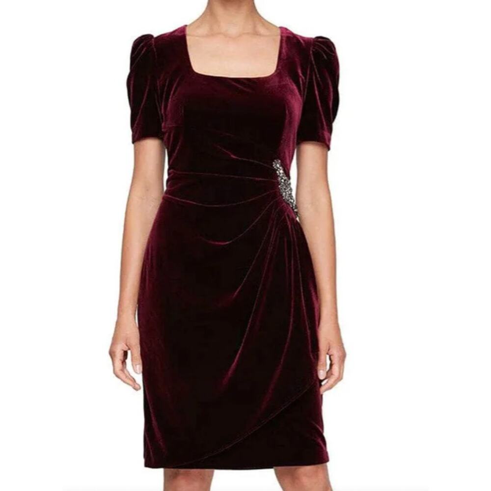 Alex Evenings Velvet Embellished Puff Sleeve Ruched Cocktail Dress | Sz 10 Wine